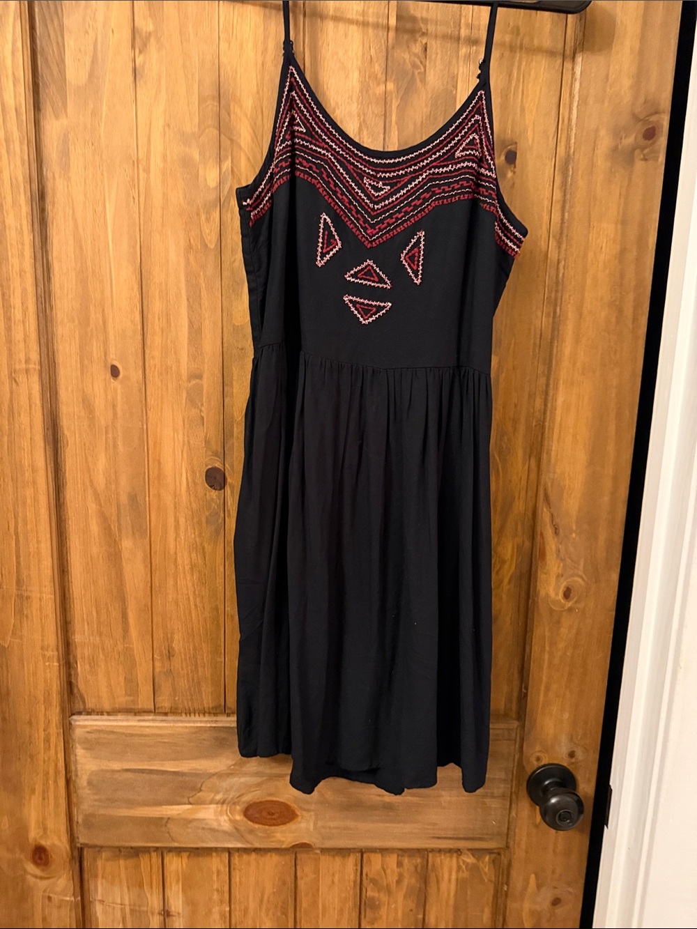 Black Spaghetti-Strap Dress with Red Embroidery